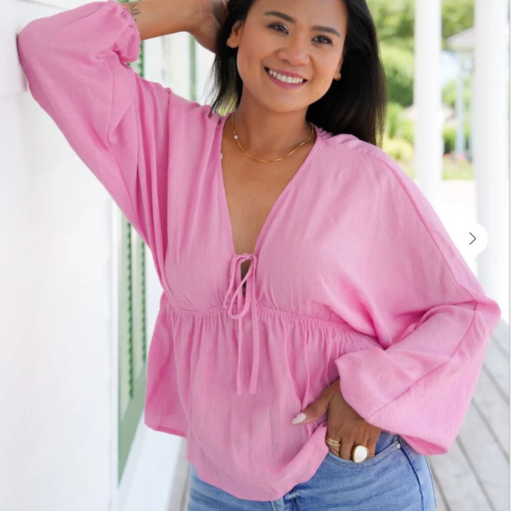Long Dolman Sleeve Front Tie V-Neck Blouse - Pink